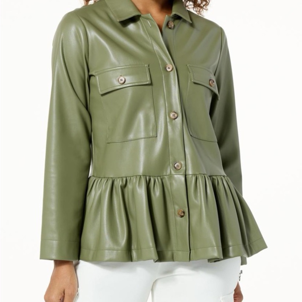 Green Leather Jacket with Peplum Waist and Structured Shoulders